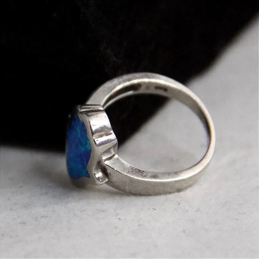 Sterling Silver 925 Hamsa Hand Blue Green Opal Inlay Ring Size 6.75 Spiritual